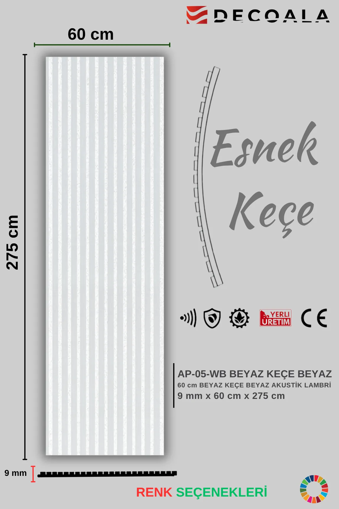 Akustik Duvar Paneli Beyaz Keçe 60x275 (AP-05-WB) görseli 2